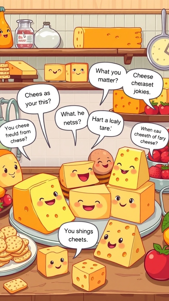 Cartoon cheese characters with funny expressions and jokes in speech bubbles on a colorful kitchen backdrop.